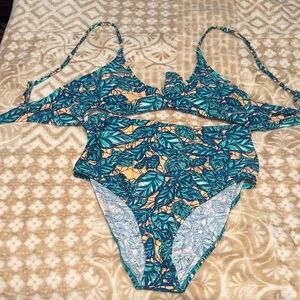 Cupshe Blue and Green Leaf Print One Piece Swimsuit